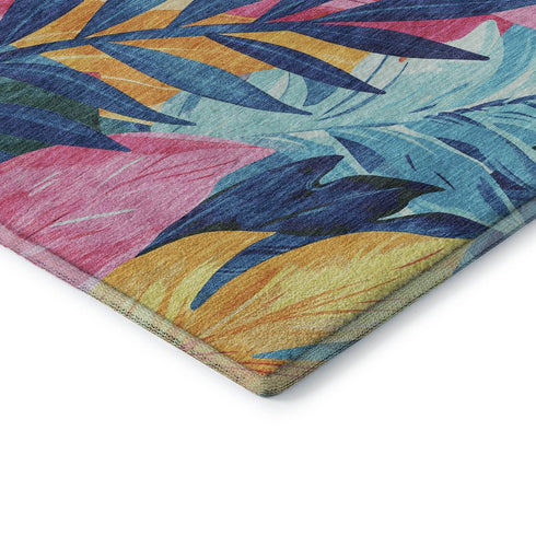 8' Sky Blue Pink And Gold Floral Washable Area Rug With UV Protection