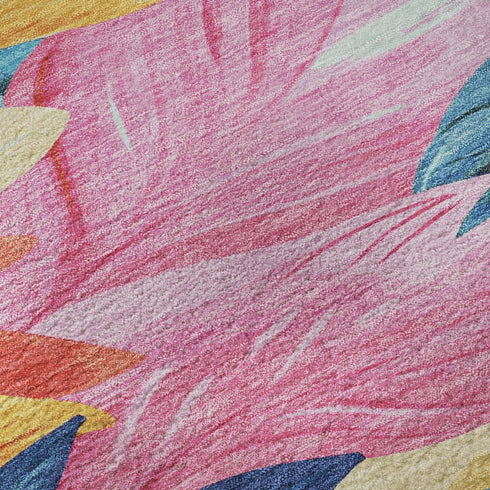 8' Sky Blue Pink And Gold Floral Washable Area Rug With UV Protection