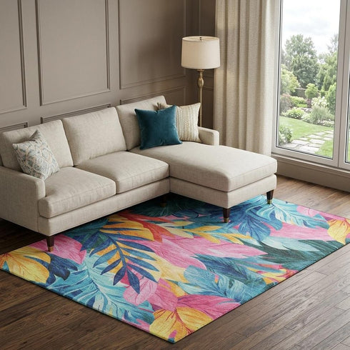 8' Sky Blue Pink And Gold Floral Washable Area Rug With UV Protection