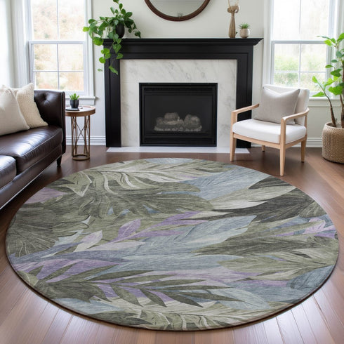 8' X 8' Taupe Lavender And Olive Green Floral Washable Round Rug With UV Protection