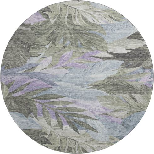 8' X 8' Taupe Lavender And Olive Green Floral Washable Round Rug With UV Protection