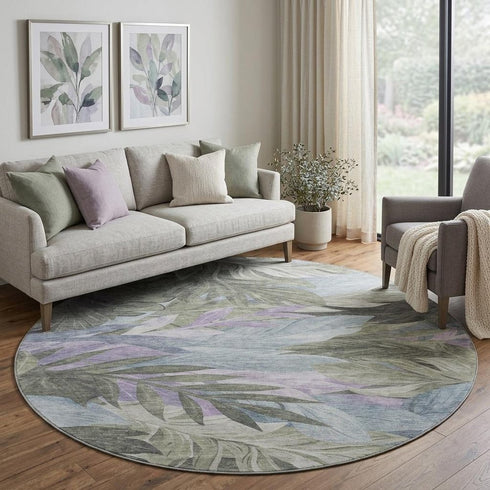 8' X 8' Taupe Lavender And Olive Green Floral Washable Round Rug With UV Protection