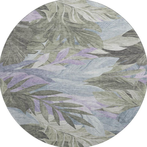 8' X 8' Taupe Lavender And Olive Green Floral Washable Round Rug With UV Protection
