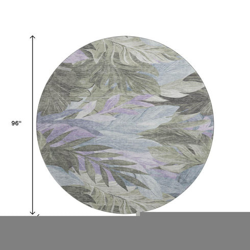 8' X 8' Taupe Lavender And Olive Green Floral Washable Round Rug With UV Protection