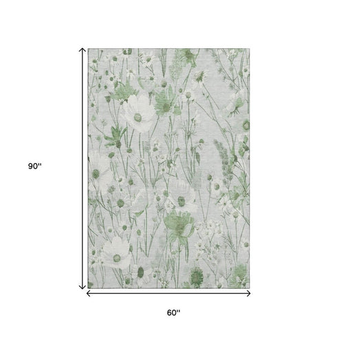 5' X 8' Mint Green And Ivory Floral Washable Area Rug With UV Protection