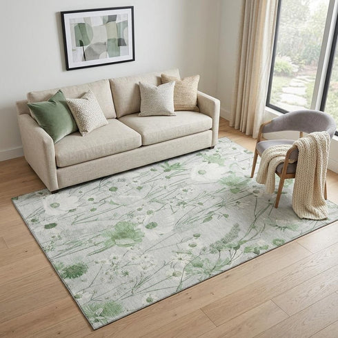5' X 8' Mint Green And Ivory Floral Washable Area Rug With UV Protection