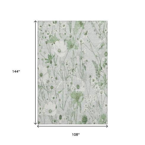 9' X 12' Mint Green And Ivory Floral Washable Area Rug With UV Protection