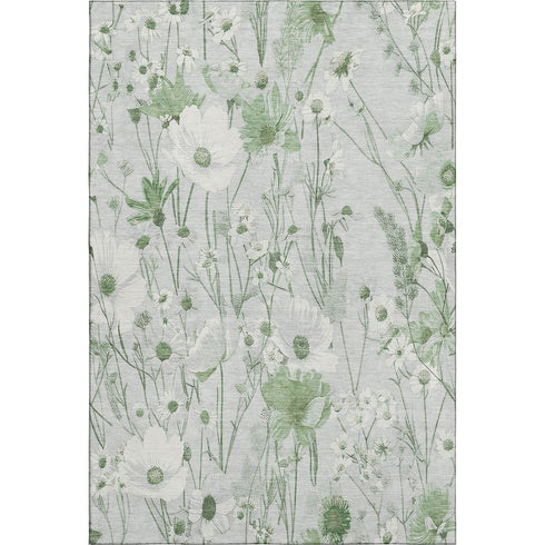 9' X 12' Mint Green And Ivory Floral Washable Area Rug With UV Protection