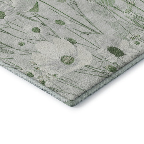 9' X 12' Mint Green And Ivory Floral Washable Area Rug With UV Protection