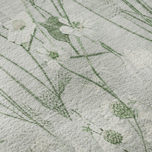 9' X 12' Mint Green And Ivory Floral Washable Area Rug With UV Protection