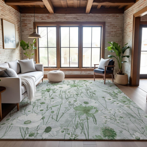 9' X 12' Mint Green And Ivory Floral Washable Area Rug With UV Protection