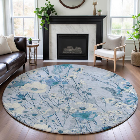 8' X 8' Sky Blue And Ivory Floral Washable Round Rug With UV Protection