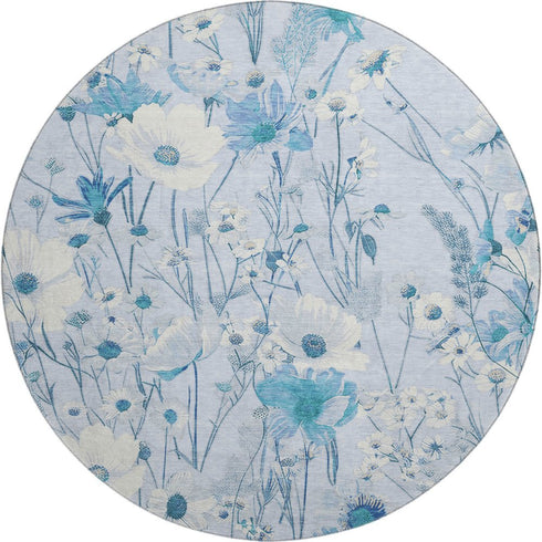 8' X 8' Sky Blue And Ivory Floral Washable Round Rug With UV Protection