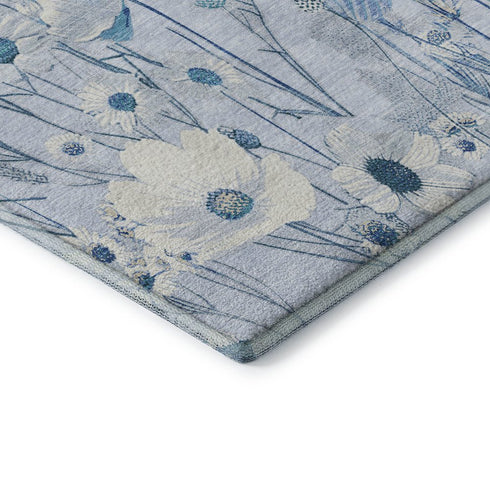 8' X 8' Sky Blue And Ivory Floral Washable Round Rug With UV Protection