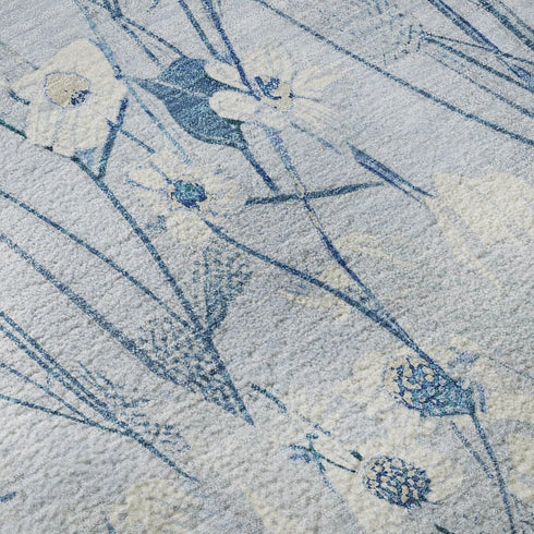 8' X 8' Sky Blue And Ivory Floral Washable Round Rug With UV Protection
