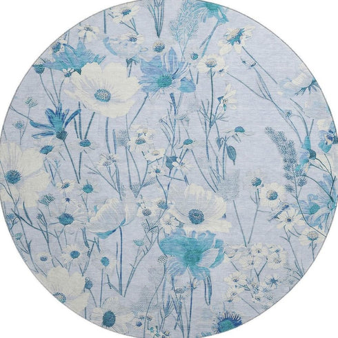 8' X 8' Sky Blue And Ivory Floral Washable Round Rug With UV Protection