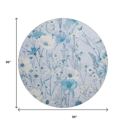 8' X 8' Sky Blue And Ivory Floral Washable Round Rug With UV Protection