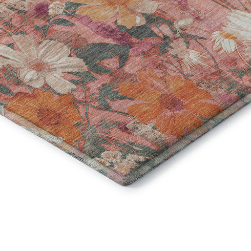 5' X 8' Blush Orange And Ivory Floral Washable Area Rug With UV Protection