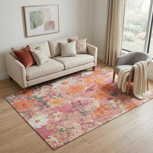 5' X 8' Blush Orange And Ivory Floral Washable Area Rug With UV Protection