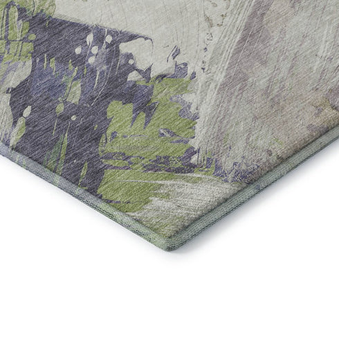 8' X 8' Artichoke Green Ivory And Taupe Abstract Washable Round Rug With UV Protection