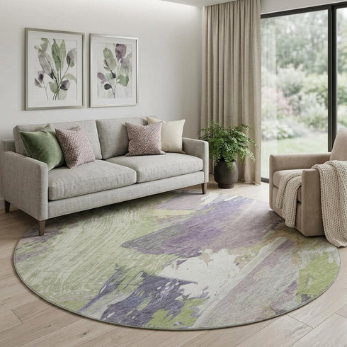 8' X 8' Artichoke Green Ivory And Taupe Abstract Washable Round Rug With UV Protection