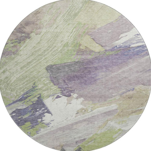 8' X 8' Artichoke Green Ivory And Taupe Abstract Washable Round Rug With UV Protection