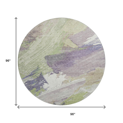 8' X 8' Artichoke Green Ivory And Taupe Abstract Washable Round Rug With UV Protection