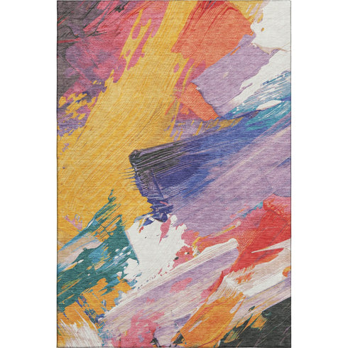 5' X 8' Gold Purple Teal And Red Abstract Washable Area Rug With UV Protection