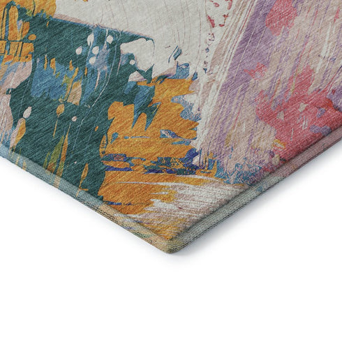 5' X 8' Gold Purple Teal And Red Abstract Washable Area Rug With UV Protection