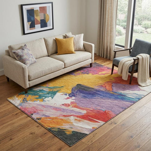 5' X 8' Gold Purple Teal And Red Abstract Washable Area Rug With UV Protection