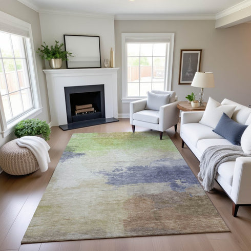9' X 12' Artichoke Green Lavender And Ivory Abstract Washable Area Rug With UV Protection