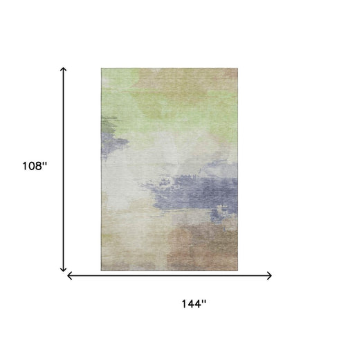 9' X 12' Artichoke Green Lavender And Ivory Abstract Washable Area Rug With UV Protection