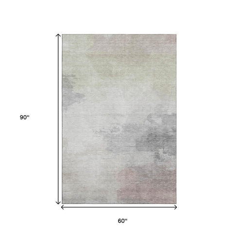 5' X 8' Beige Gray And Silver Abstract Washable Area Rug With UV Protection