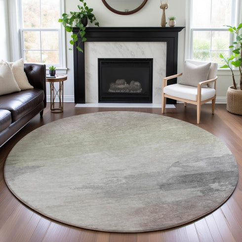 8' X 8' Beige Gray And Silver Abstract Washable Round Rug With UV Protection