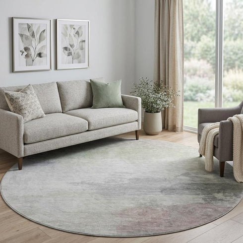 8' X 8' Beige Gray And Silver Abstract Washable Round Rug With UV Protection