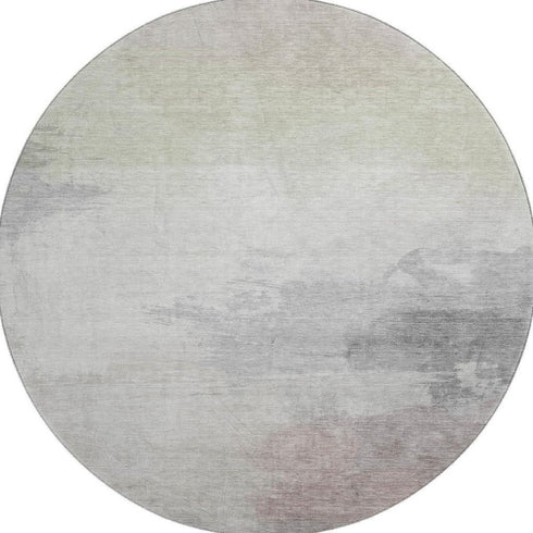 8' X 8' Beige Gray And Silver Abstract Washable Round Rug With UV Protection