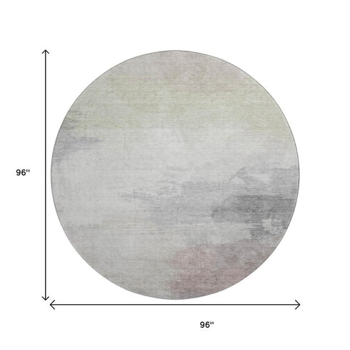 8' X 8' Beige Gray And Silver Abstract Washable Round Rug With UV Protection