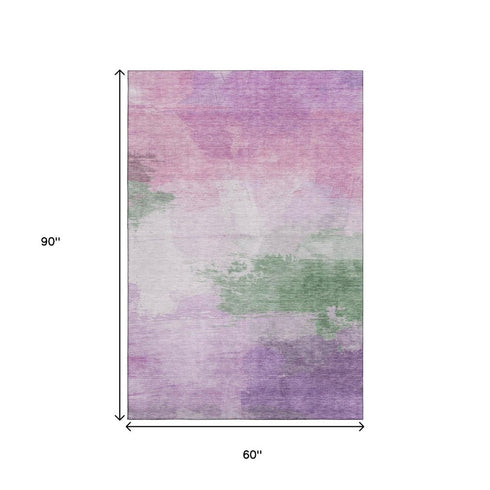 5' X 8' Lilac Green And Pink Abstract Washable Area Rug With UV Protection