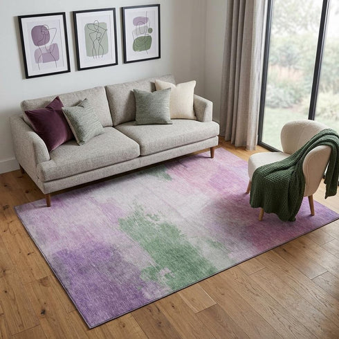 5' X 8' Lilac Green And Pink Abstract Washable Area Rug With UV Protection
