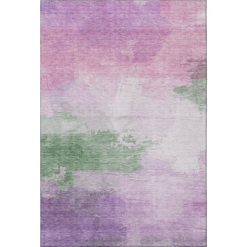 5' X 8' Lilac Green And Pink Abstract Washable Area Rug With UV Protection