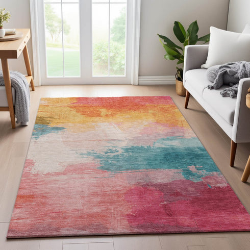 8' Pink Gold And Teal Abstract Washable Area Rug With UV Protection