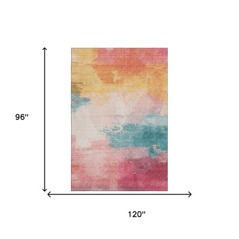 8' Pink Gold And Teal Abstract Washable Area Rug With UV Protection