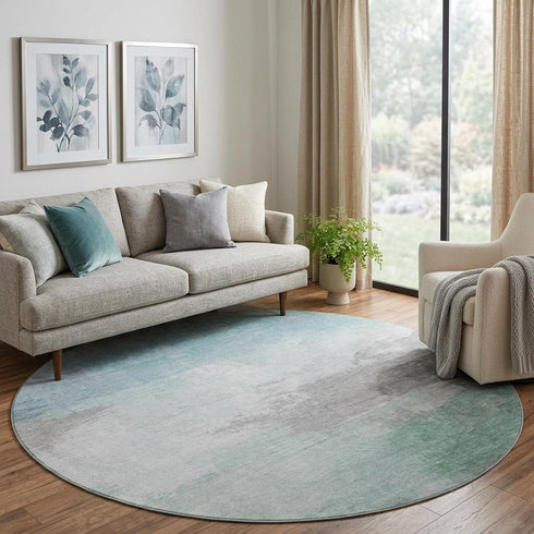 8' X 8' Pale Aqua Gray And Silver Abstract Washable Round Rug With UV Protection
