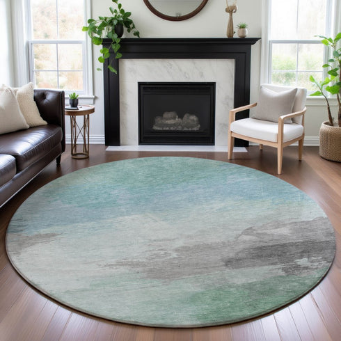 8' X 8' Pale Aqua Gray And Silver Abstract Washable Round Rug With UV Protection