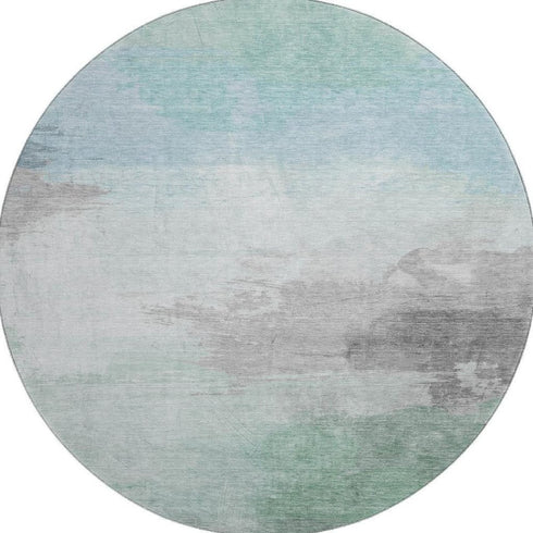 8' X 8' Pale Aqua Gray And Silver Abstract Washable Round Rug With UV Protection