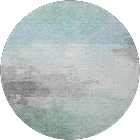8' X 8' Pale Aqua Gray And Silver Abstract Washable Round Rug With UV Protection