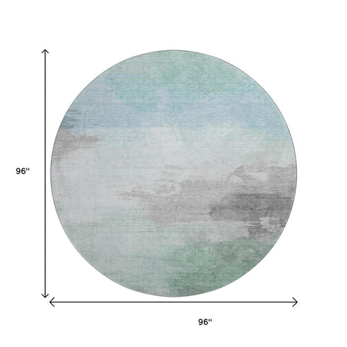 8' X 8' Pale Aqua Gray And Silver Abstract Washable Round Rug With UV Protection