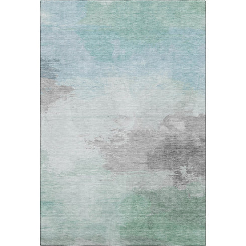8' Pale Aqua Gray And Silver Abstract Washable Area Rug With UV Protection