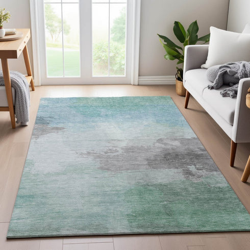 8' Pale Aqua Gray And Silver Abstract Washable Area Rug With UV Protection