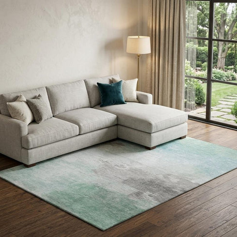 8' Pale Aqua Gray And Silver Abstract Washable Area Rug With UV Protection